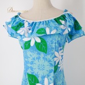 フラダンス 衣装 ワンピース ドレス ブルー系 マカマカ ティアレ柄 ハワイアンプリント MakaMaka アロハ フラ ダンス レッスン 練習 グリーン系 ホワイト系 水色 緑 白 華やか 鮮やか さわやか かわいい おしゃれ 上品 フラダンス衣装 ハワイアンドレス リゾート フラレッスン アロハシャツ オシャレ フラダンスイベント