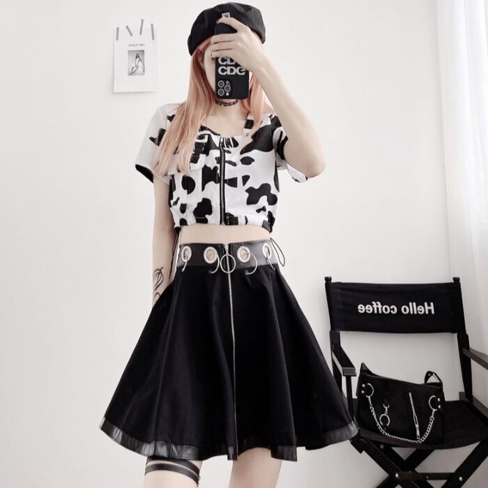 サマーカジュアルショートクロップドTシャツ ハイウェストウェストスリムAラインスカート プリーツ 夏物 ケッペル26300248152