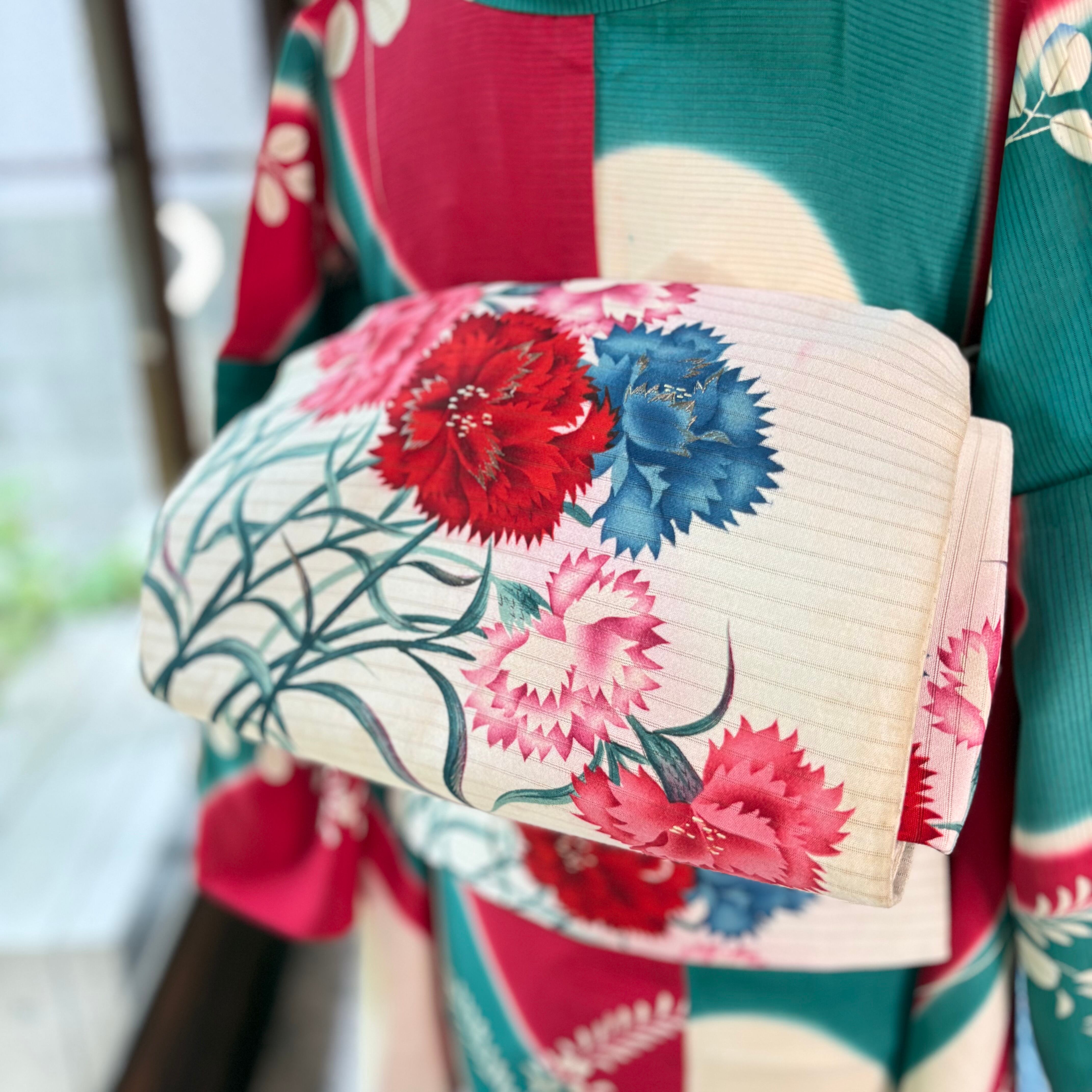 Retro bouquet＊夏帯 絽 染め帯 刺繍 カーネーション 赤 青 ブルー