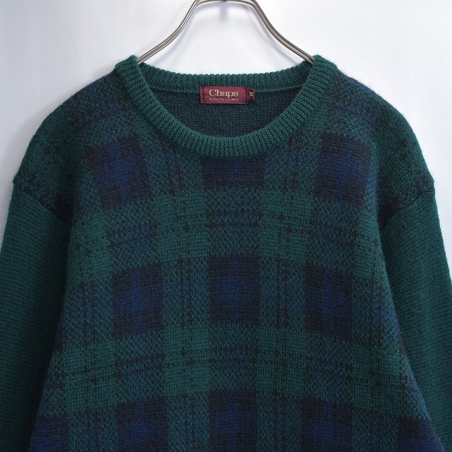 80s～ 日本製 CHAPS Ralph Laurenチャップス ラルフローレン チェック ニット プルオーバー セーター ジャパン ヴィンテージ ビンテージ 古着 メンズ Mサイズ