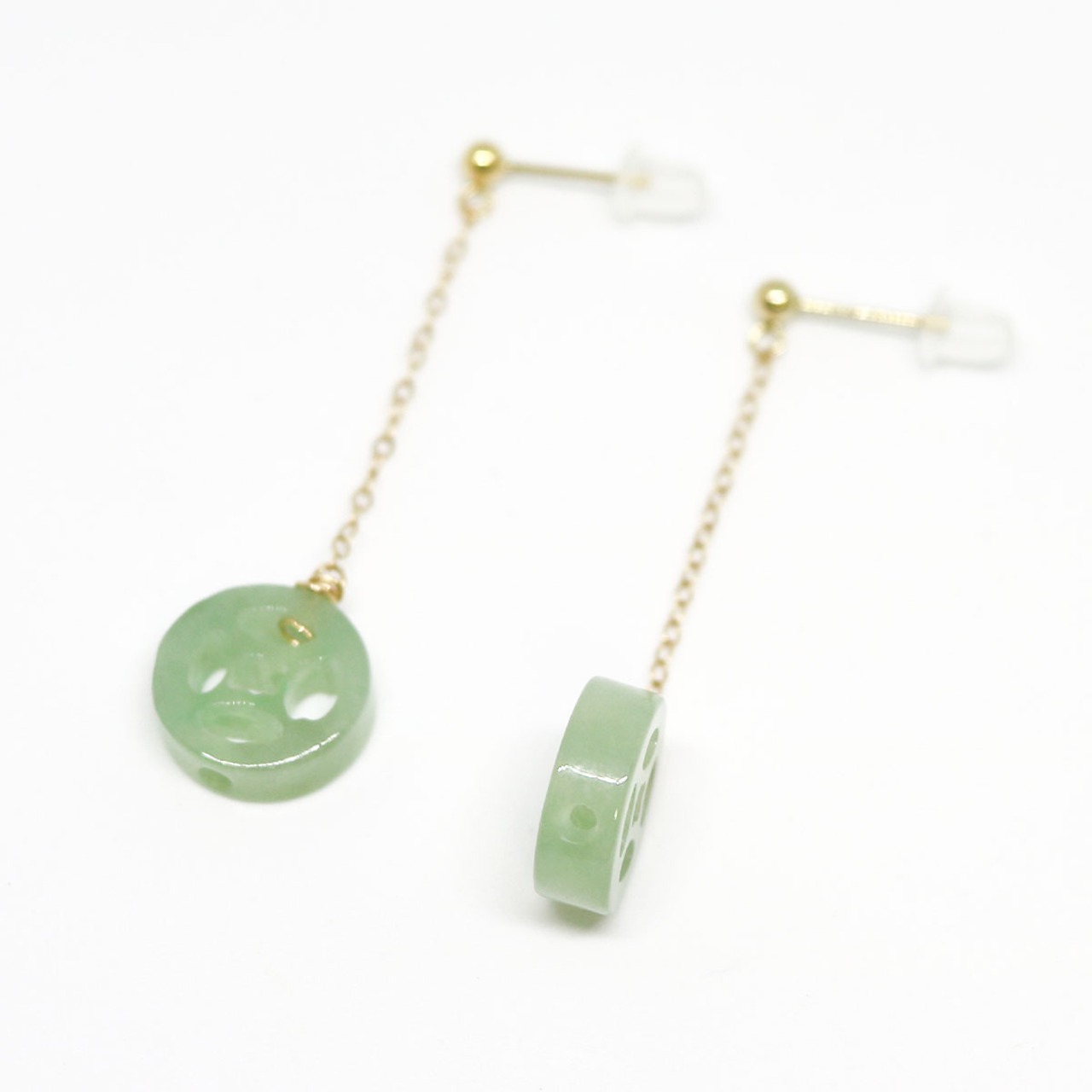 耳元から美しく光る翡翠 K14gf チェーン 透かし彫り ピアス A貨翡翠 jd_mm1005