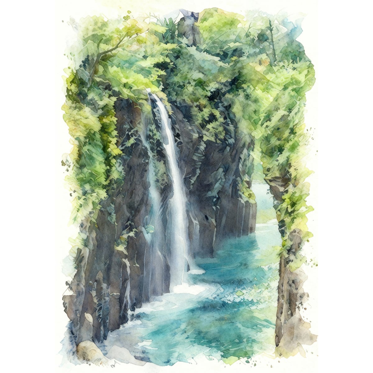 絵画 風景画 日本 宮崎県 高千穂峡 真名井の滝 インテリアアート額付き 水彩画風 WAT1699