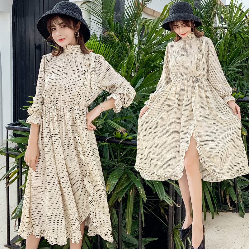 【新作】【送料無料】 新しいファッションシフォン水玉ルーズミドル丈プラスサイズのマタニティドレスのマタニティドレス2019春バージョン-アリババ 大きめサイズ スプリング 春物 expec261188834856