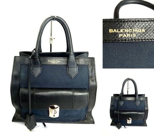 バレンシアガ　BALENCIAGA  パドロック アフタヌーン トート ハンドバッグ　ミニ  リザードレザー×コットンキャンバス　ブラック×ネイビー