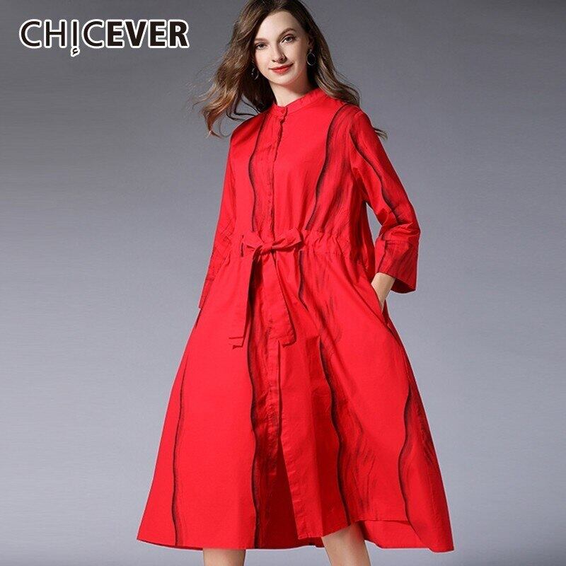 CHICEVERストライプドレス女性スタンドカラー長袖ウエストボウレースアップミディドレス服タイド ロング リボン 6base532785234206