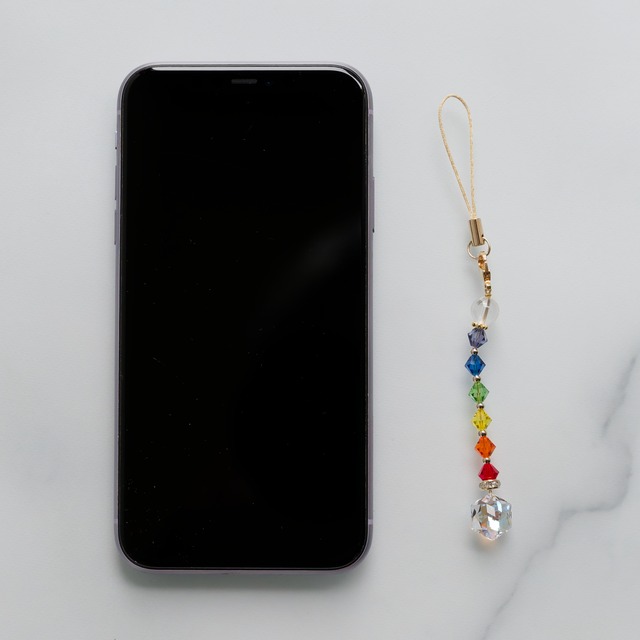 【スワロフスキー×天然石】ヒマラヤ産レインボー水晶＊チャクラカラーの2WAYストラップ／チャーム