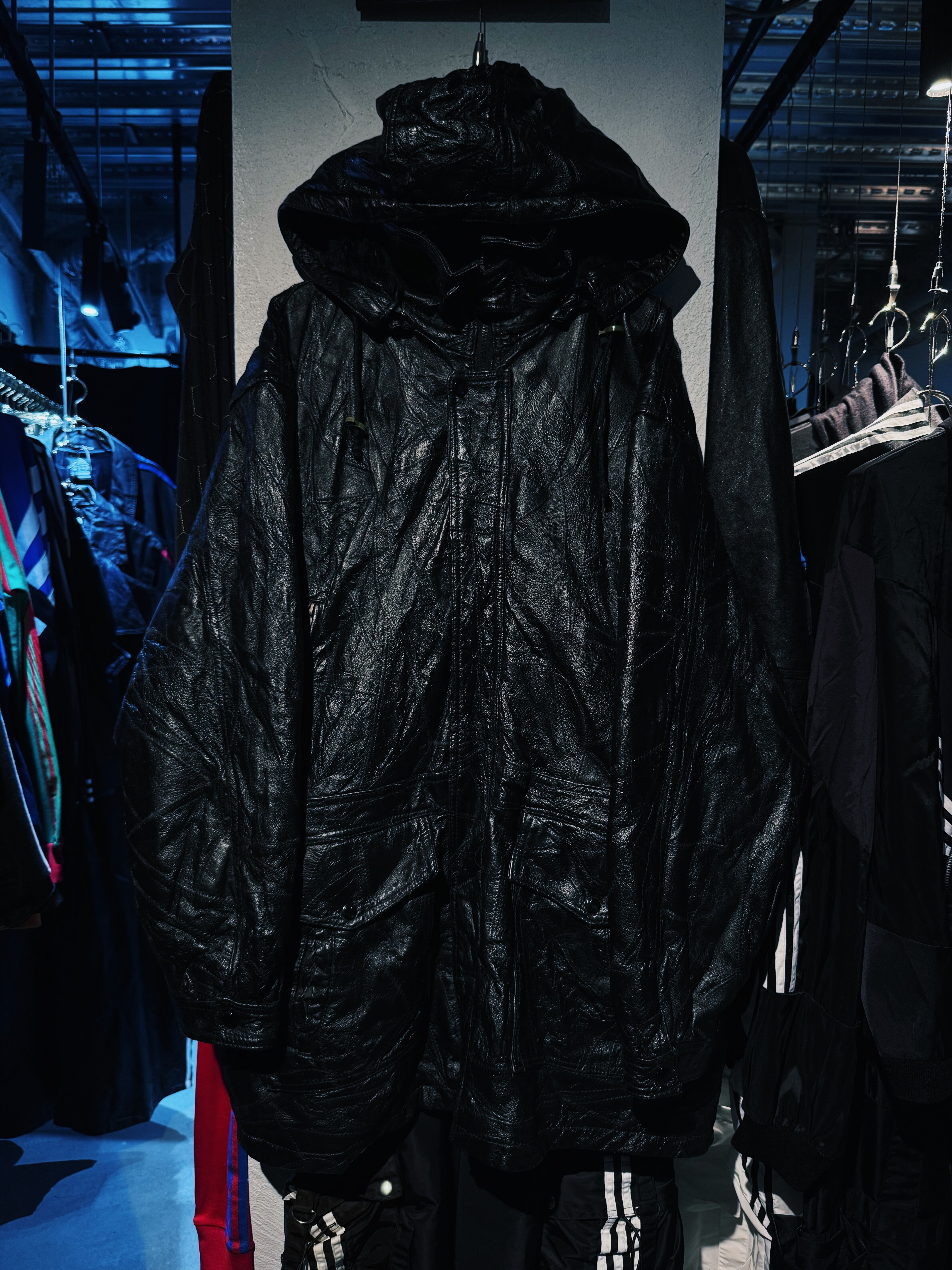 【D4C】90's vintage Black far design total stitch leather zip foodie jacket