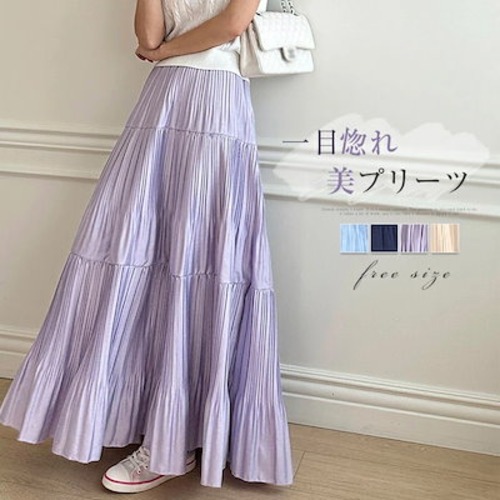 スカート ティアード プリーツ ロング レディース おしゃれ きれいめ ボトムス Aライン フレアスカート 春夏 秋 薄手 シンプル 無地 揺れる 透け感 涼しげ ウエストゴム お出かけ デート エレ