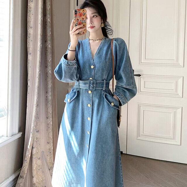 ワンピース レディース 春秋 ボリュームスリーブ デニム シャツワンピ ウエストマーク Vネック おしゃれ ボタン ロング カジュアル L/XL/2XL