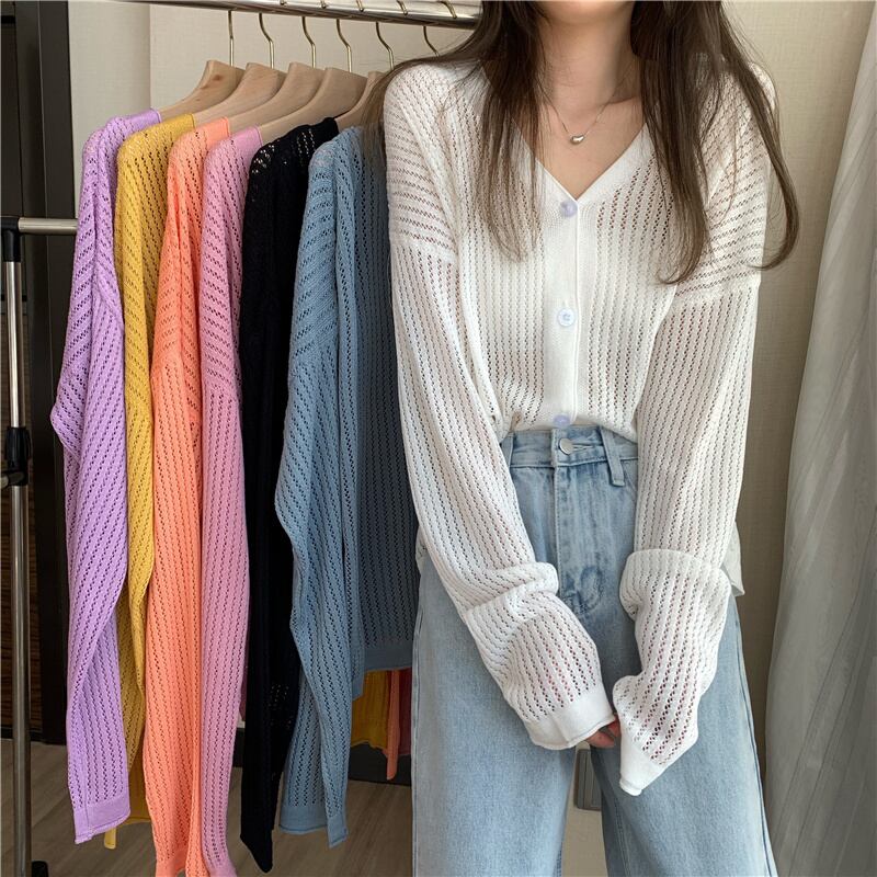 Vネックニットカーディガンジャケット レディースサマースタイルカジュアルブラウス 夏物 YY-ファッション83363843742