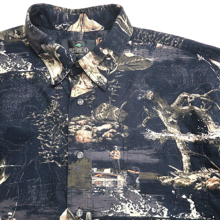 ブラックバス 総柄 ボタンシャツ 古着 フィッシング 釣り ルアー XXL