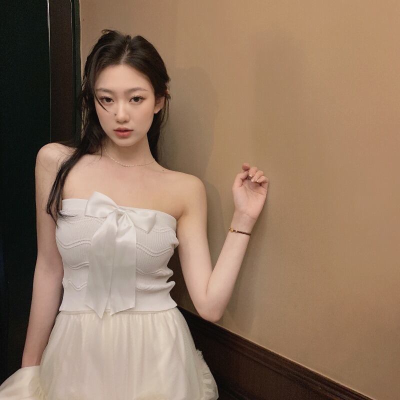 トップス サマーリボンホワイトストラップレスブラ 夏物 ブラックストロベリース67853222781