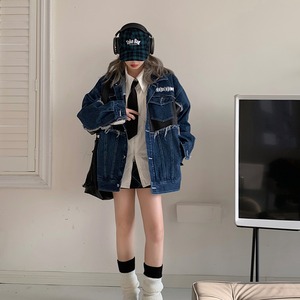 YIYI青藍のレザー切替デニムジャケット