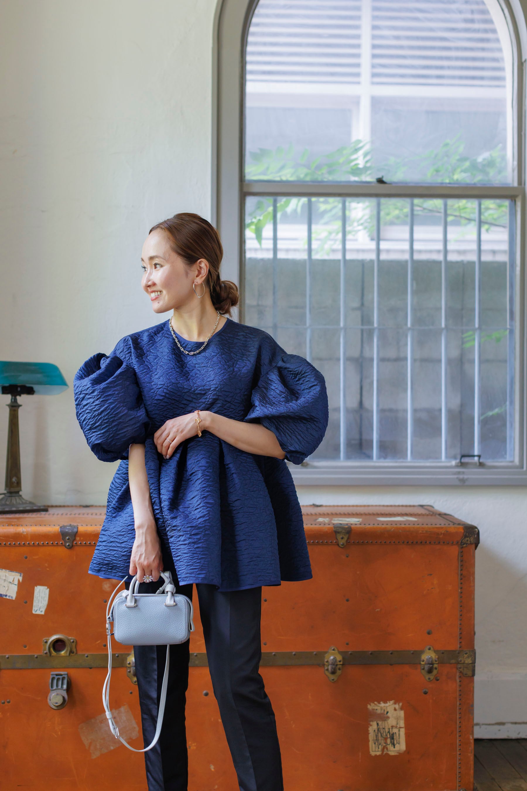 bluelea Silky Jacquard Blouse AW (Navy) - シャツ/ブラウス(長袖/七分)