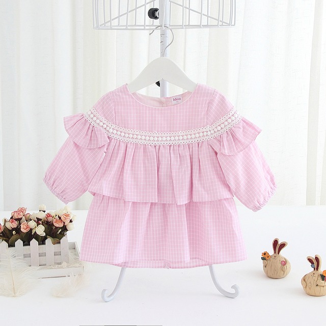 グラフチェックの長袖ガーリーチュニック(ピンク)