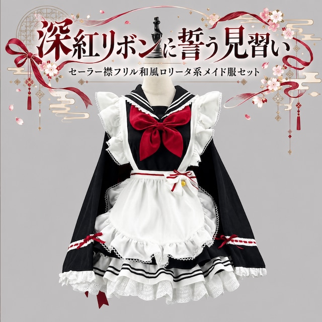 深紅リボンに誓う見習い セーラー襟フリル和風ロリータ系メイド服セット