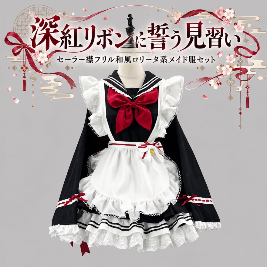 深紅リボンに誓う見習い セーラー襟フリル和風ロリータ系メイド服セット