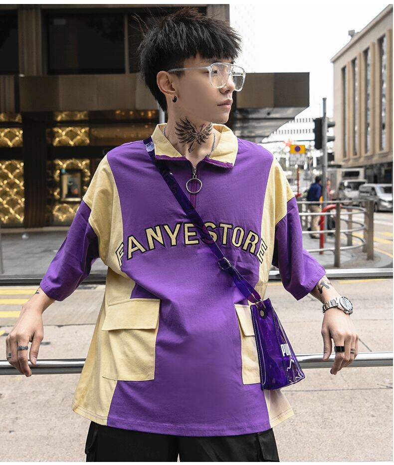 全2色 Tシャツ ジップアップ プリント カジュアル ストリート 