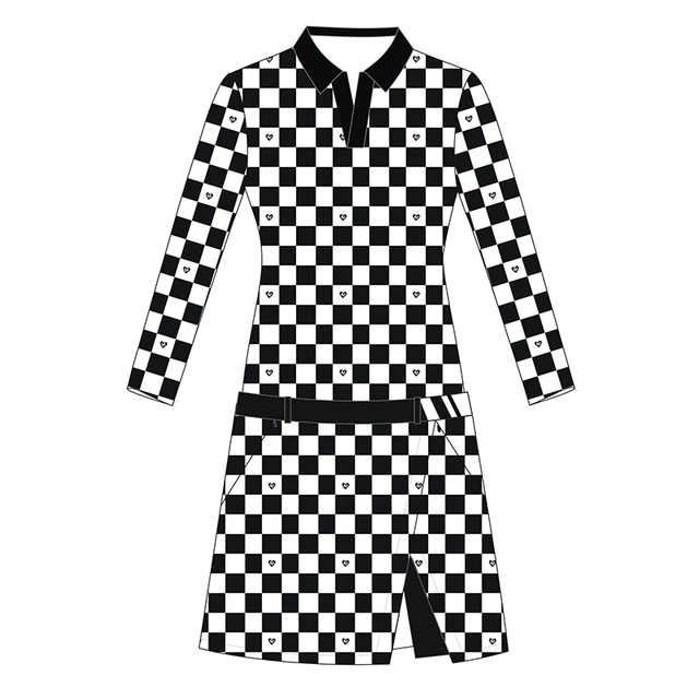 チェック柄　ホワイト×ブラック　長袖トップス　スカート　インナーパンツ付き　セットアップ