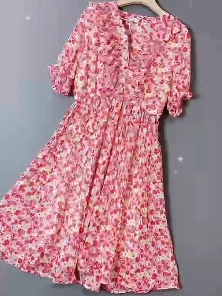 フローラルシフォンドレス サマースタイルウェスト半袖スリーブパターンプリーツスカート ハーフスリーブ 夏物 花柄 ミックスインファッション65189874657