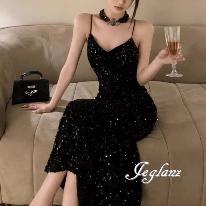 華やか パーティ ドレス キャミワンピース スパンコール 光沢感( M8494)ζ