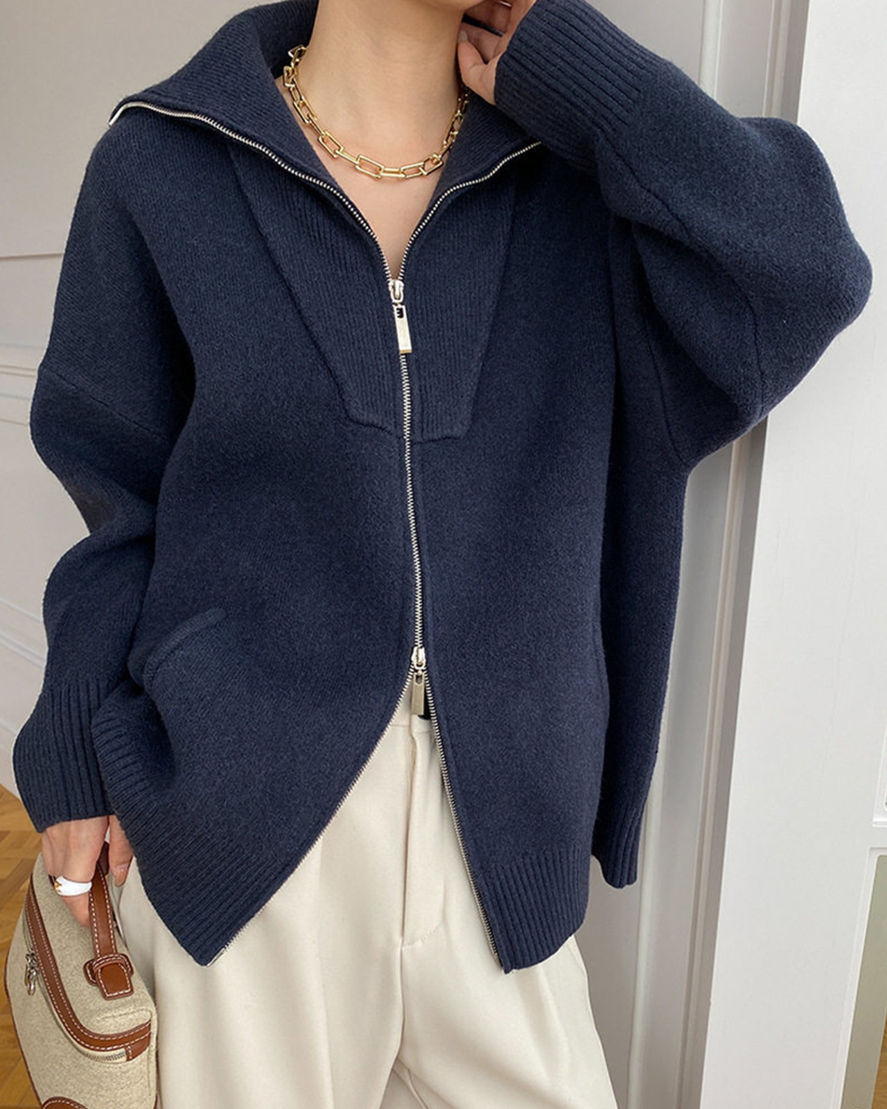 ダブルジップビッグカラーニットジャケット 4color A0768 - 5