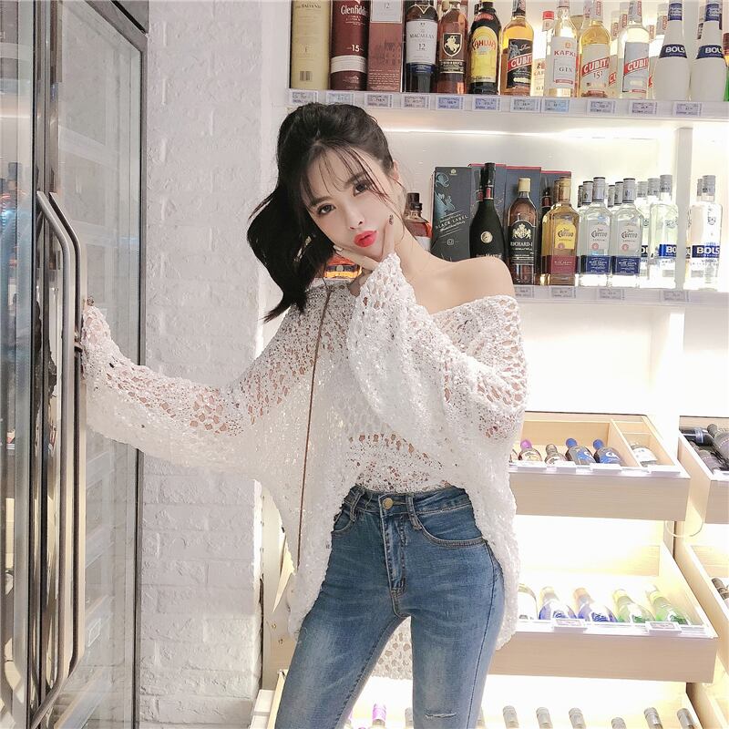 シャツ ニットソー 白シャツ 白トップス 袖あり 長袖 襟付き ケーブル