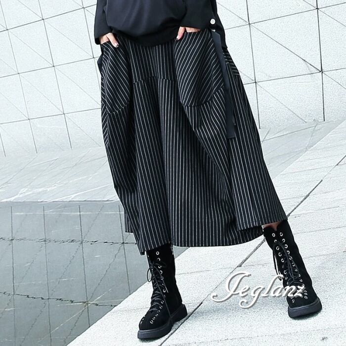 ストライプ スカート ポケット モノトーン ウエスト ゴム モード( MB758)λ