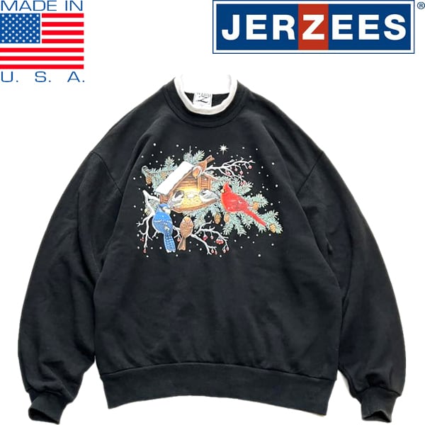 1点物◇USA製90sビンテージJerzees黒プリントスウェット古着メンズL