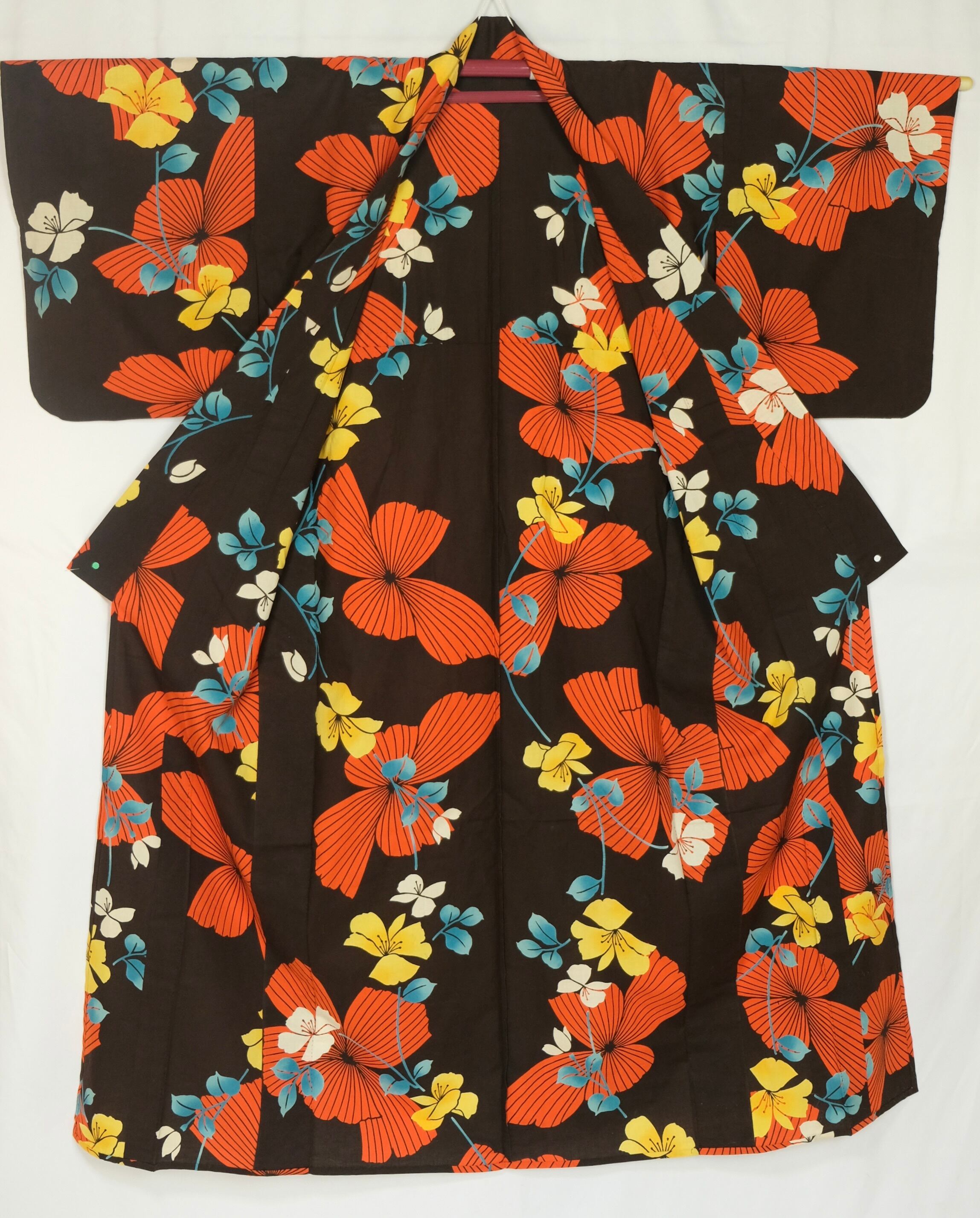 濃茶地×大柄ハイビスカス｜注染浴衣（単衣着物風にも） | 古着物屋