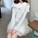 【2点セット】フリルオフショルドッキングトップス+ティアードフレアレーススカート ・79192