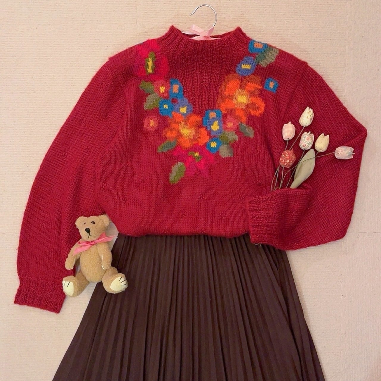 colorful flower bordeaux knit sweater
