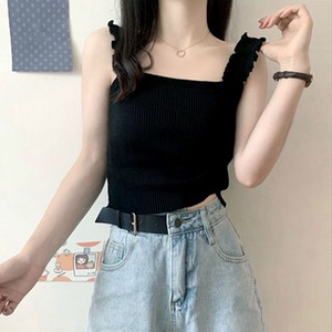 ニット タンクトップ レディース 春夏秋 韓国 インナー トップス 大人 かわいい おしゃれ きれいめ リブニット フリル 重ね着 スクエアネック 大人可愛い 大人女子