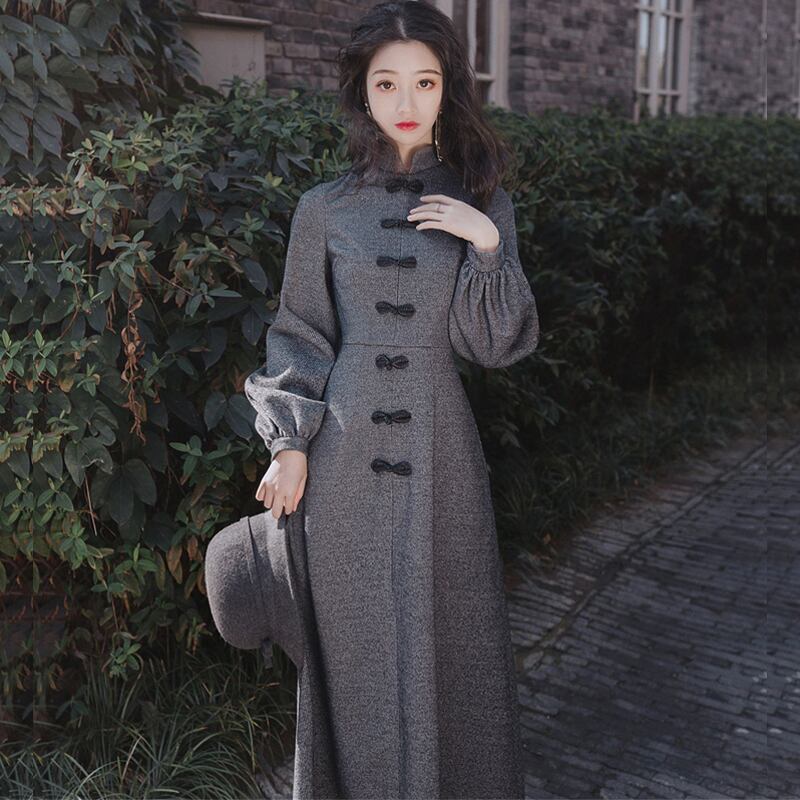 吾家有衣シリーズ チャイナ風ワンピース 厚て 秋冬服 同窓会 デート ランタンスリーブ S M L Xl グレー Elegant