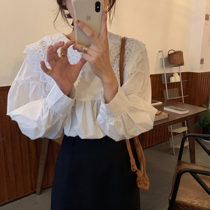 Flowerデザイン 長袖スリーブシャツ ルーズトップス レディース ロング フラワーデザイン ビッグFスモールZ韓国3718560065