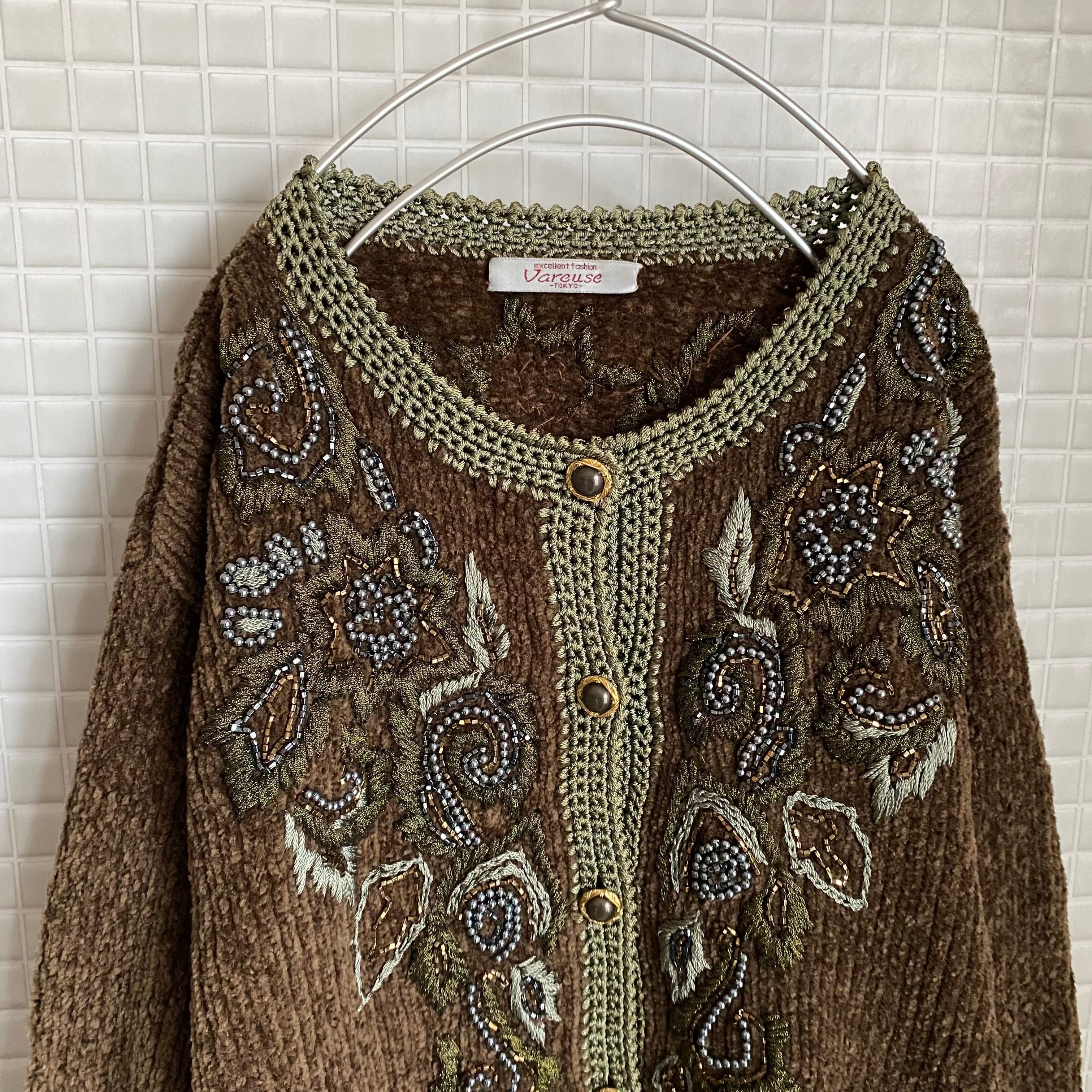 Vintage 70s〜80s retro botanical beads embroidery knit cardigan ...
