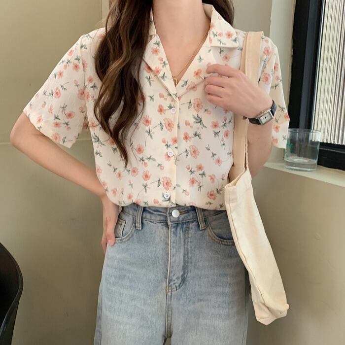 スタンダードトップス シャツ サマー薄手フローラルVネック レトロ 夏物 花柄 1号婦人90233969960