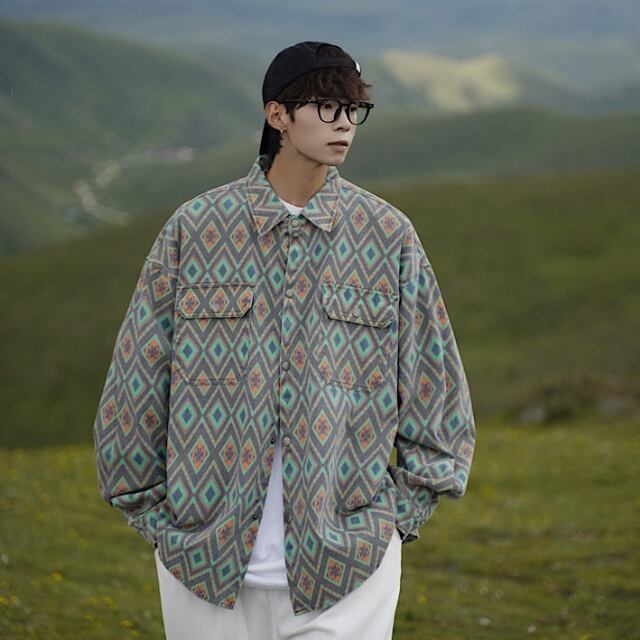 【予約販売】シャツ 長袖 ネルシャツ フランネル メンズ オーバーサイズ ダイヤ柄 カジュアル ストリート こなれ感 お洒落 韓国 トレンド 秋冬 M/L/XL/2XL/3XL/4XL/5XL