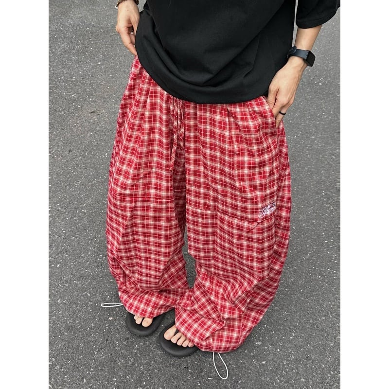 XBRO薄手チェック柄カーブドワイドパンツ