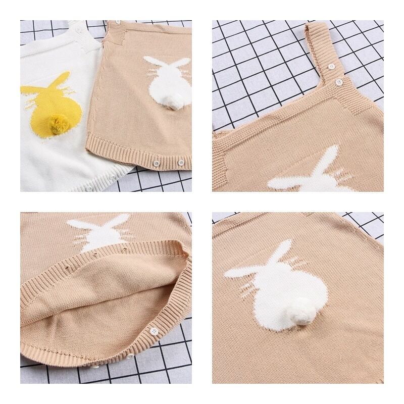 子供服 ロンパース 女の子 男の子 うさぎ ウサギ しっぽ キッズ ベビー ジュニア 子ども服 こども服 子ども 子供 秋服 春服 冬服 秋 春 冬 かわいい 可愛い おしゃれ シンプル ナチュラル フリル 韓国子供服 韓国 カーキ ホワイト コットン ニット 66 100cm