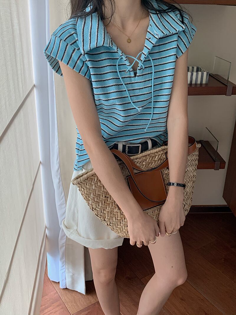 カラーノースリーブストライプルーズTシャツ 薄手サマートップス 夏物 モンロー63122677915