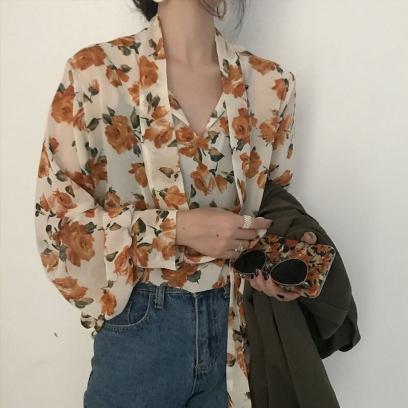 スタンダードスタイルFlowerデザイン プリント柄シャツ スプリングコート リボンスリーブ レトロ 春物 フラワーデザイン 萌量不足83325465379