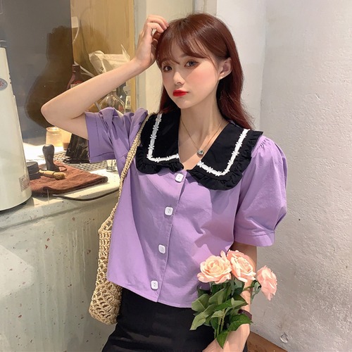 ✞ スリーブシャツブラウスカラートップス スウィート ガーリー ステッチ ✞ゴスロリ SM ミリ 甘ロリ クラロリ 和ロリ エレガント 黒ロリ 姫ロリ 華ロリ BB-BB0808377