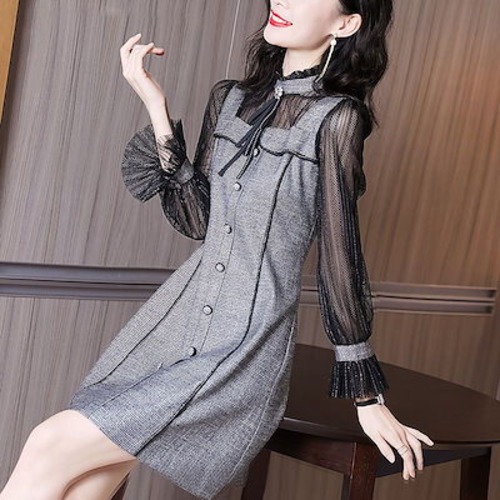 ワンピース 2024 新しいスタイル 秋 気質 スリム メッシュヤーン ロングスリーブ ドレス