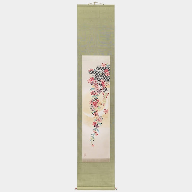 【モダン紅型】霞に枝垂桜と三日月 (掛け軸)