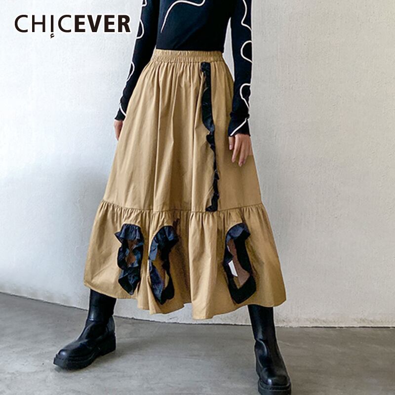 CHICEVERパッチワークスカートレディースウエストヒットカラーフリルストリートウェア特大Aラインスカート2020服 ラッフル 6base587160001631
