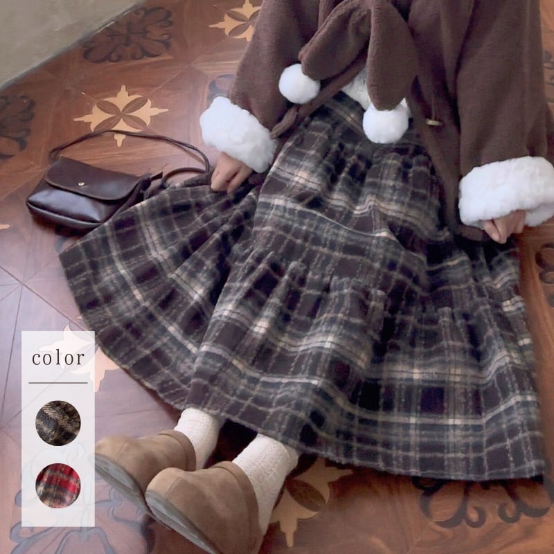 レトロチェック柄起毛ティアードスカート W1623