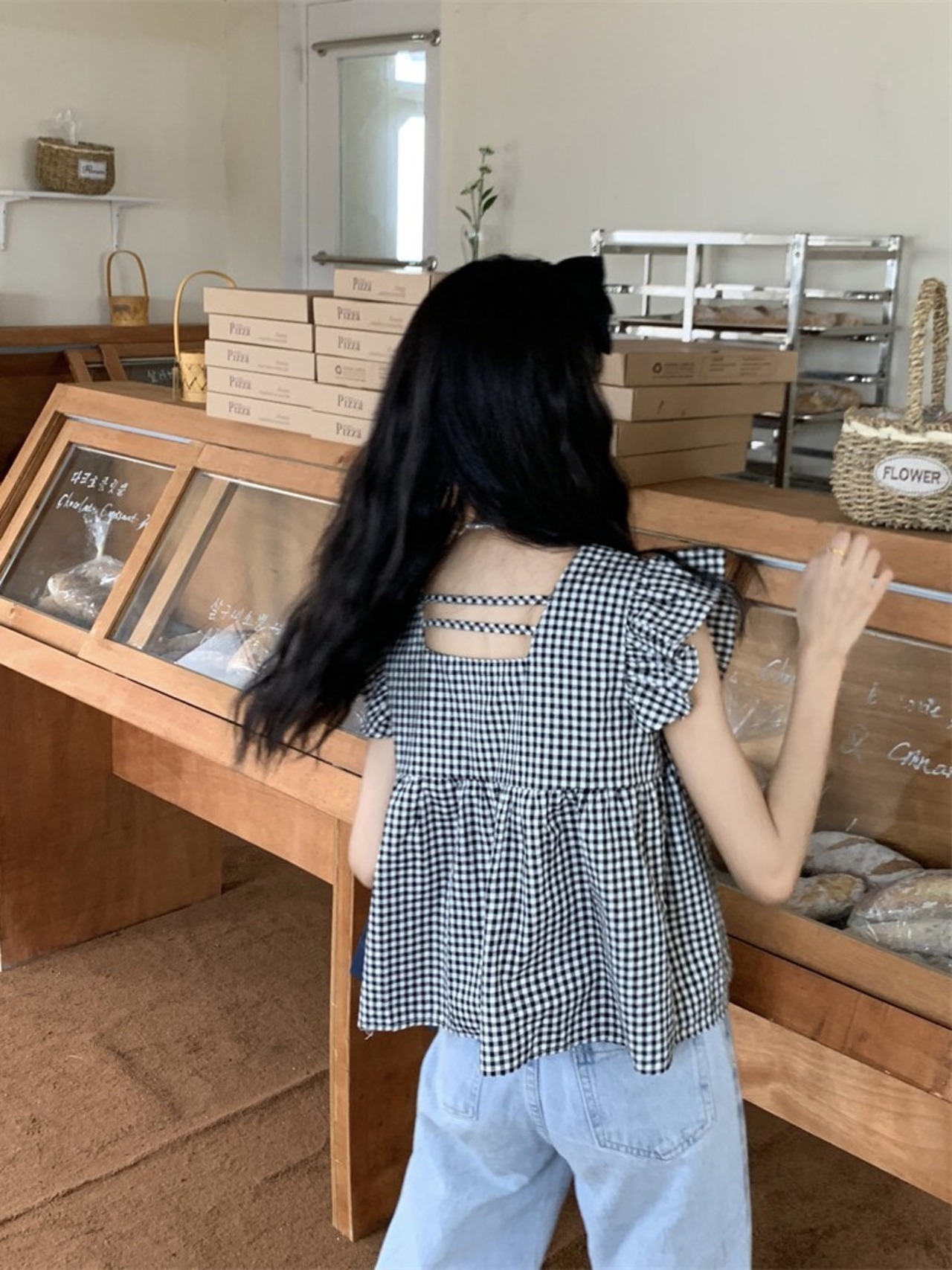 フレンチスリーブチェックブラウス D1324