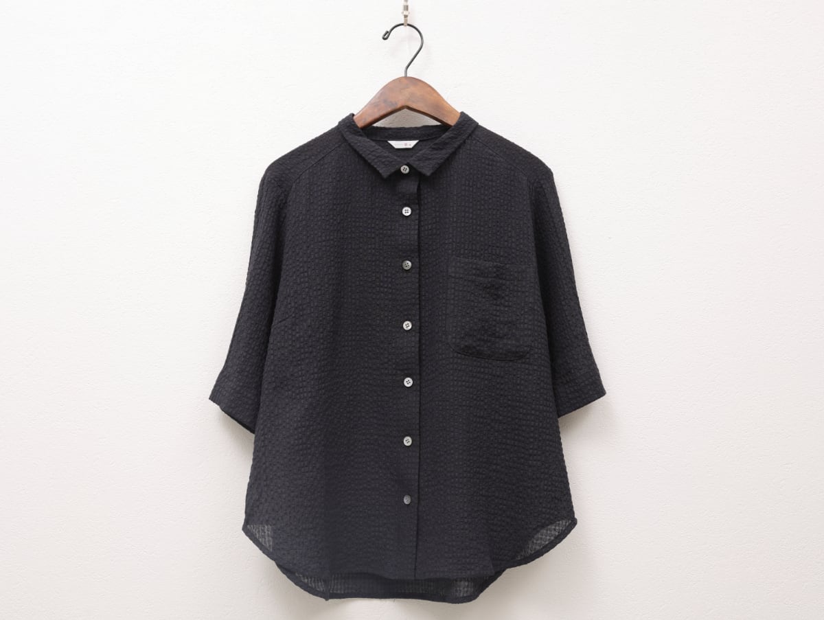 コットンラミーギンガム角衿半袖シャツ COL/黒×黒