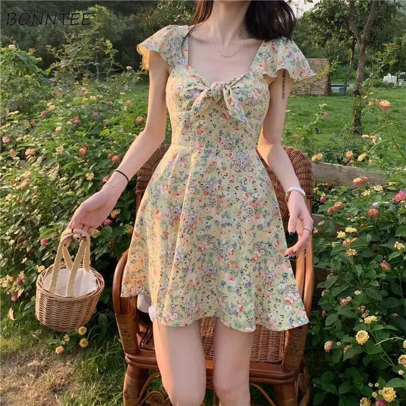 【新作】【送料無料】 A ラインドレス女性プリント夏かわいいミニ半袖弓ファッションサンドレスホリデーガールオールマッチレジャーストリート Vestido 0231277399199